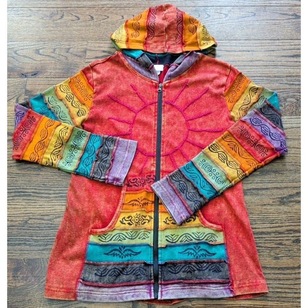 Greater Good Network Patchwork ZipUp Red Hoodie Indie Sleaze Y2K Sun Tribal L/XL - Picture 2 of 11